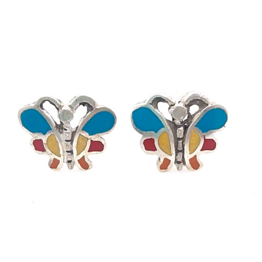 Butterfly Stud Earrings - Multicolour Stone in 950 Silver