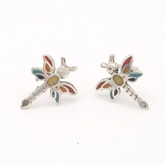 Butterfly Stud Earrings - Multicolour Stone in 950 Silver
