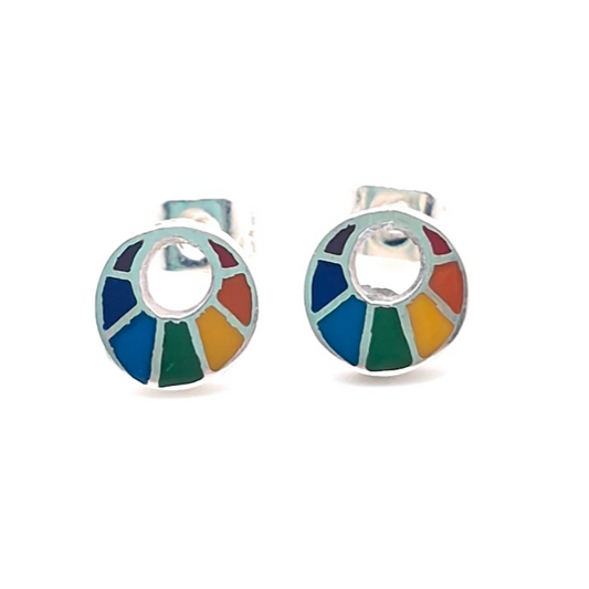 Cresent Moon Stud Earrings - Multicolour Stone in 950 Silver