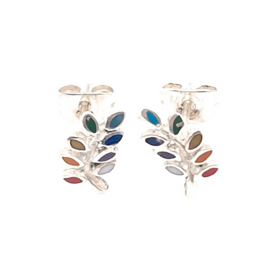 Fern Stud Earrings - Multicolour Stone in 950 Silver