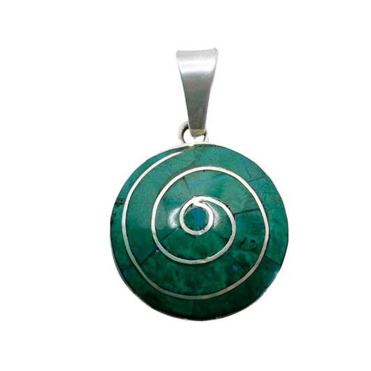 Green Spiral Pendant - Natural Stone in 950 Silver