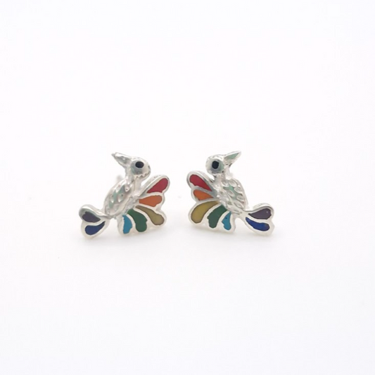 Hummingbird Stud Earrings - Multicolour Stone in 950 Silver