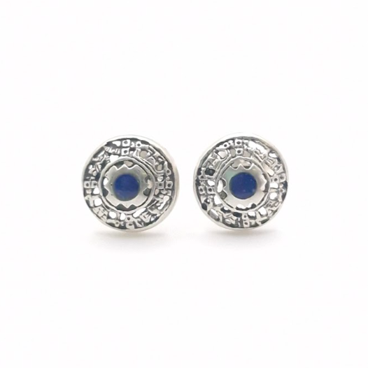 Inca Calendar Stud Earrings Blue Lapis Lazuli in 950 Silver