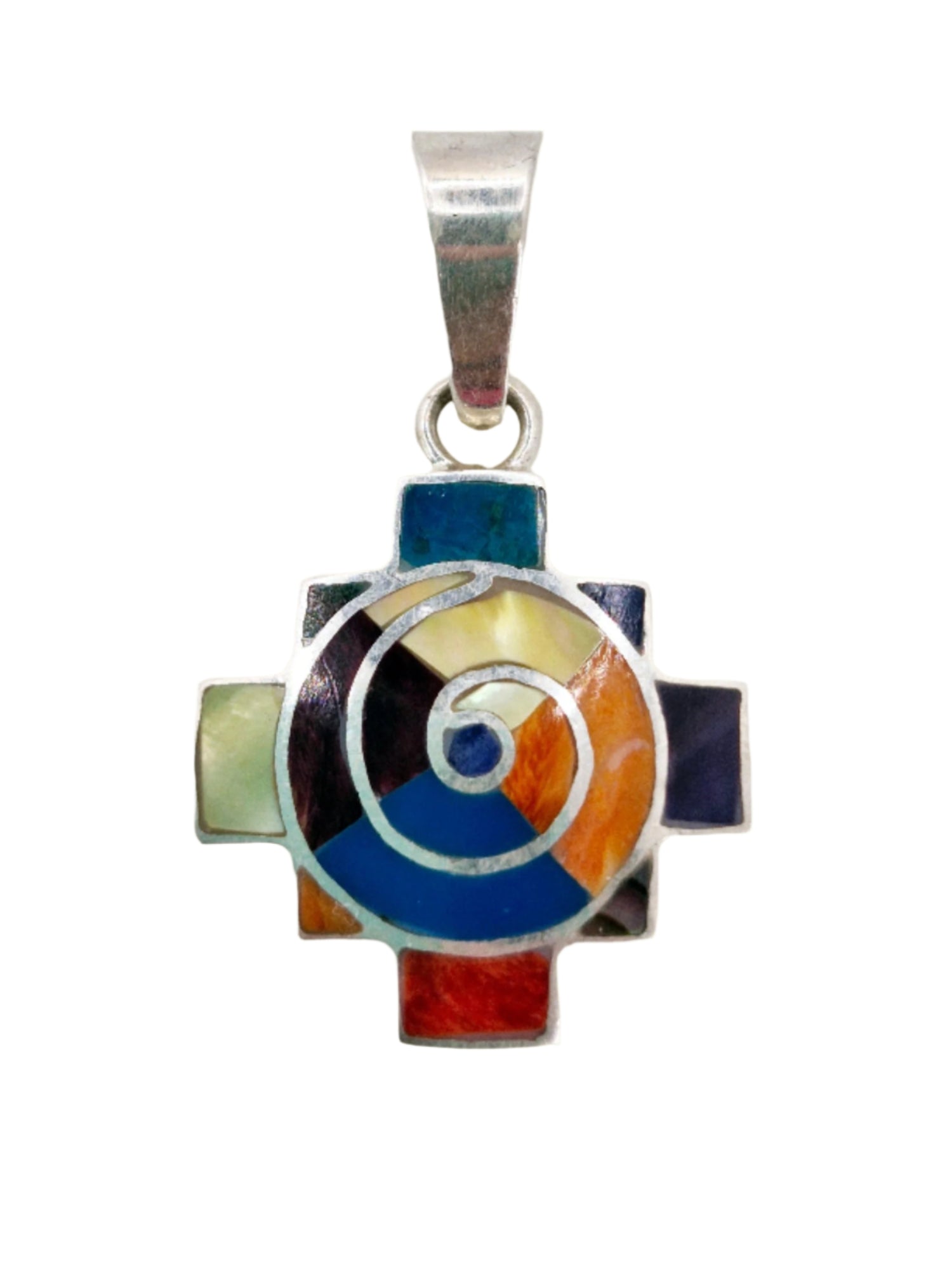 Inca cross spiral chakana pendant made with natural stone and shell in 950 silver