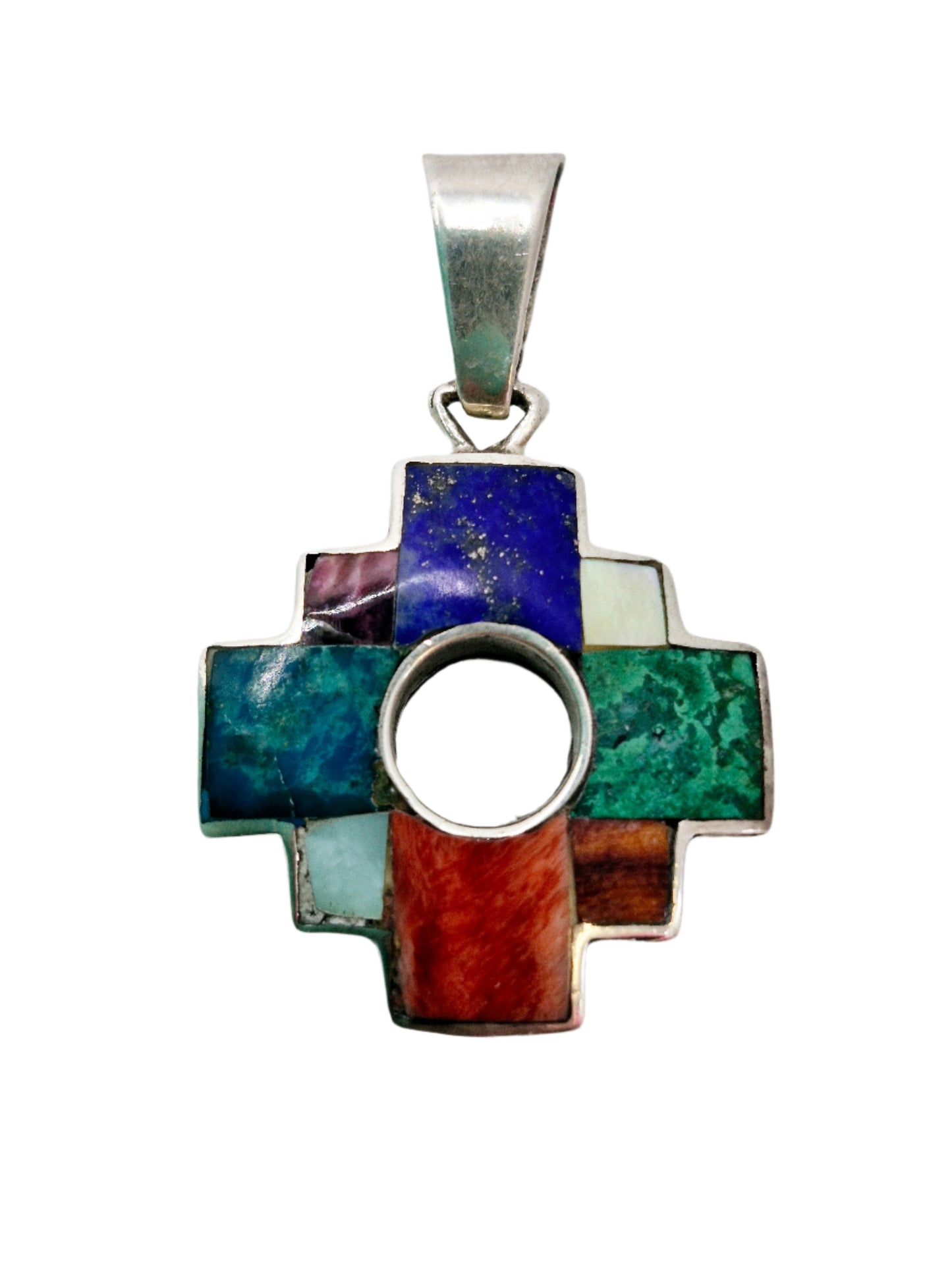 Chakana Inca Cross Pendant - Multicolour Natural Shell and Stone in 950 Silver 