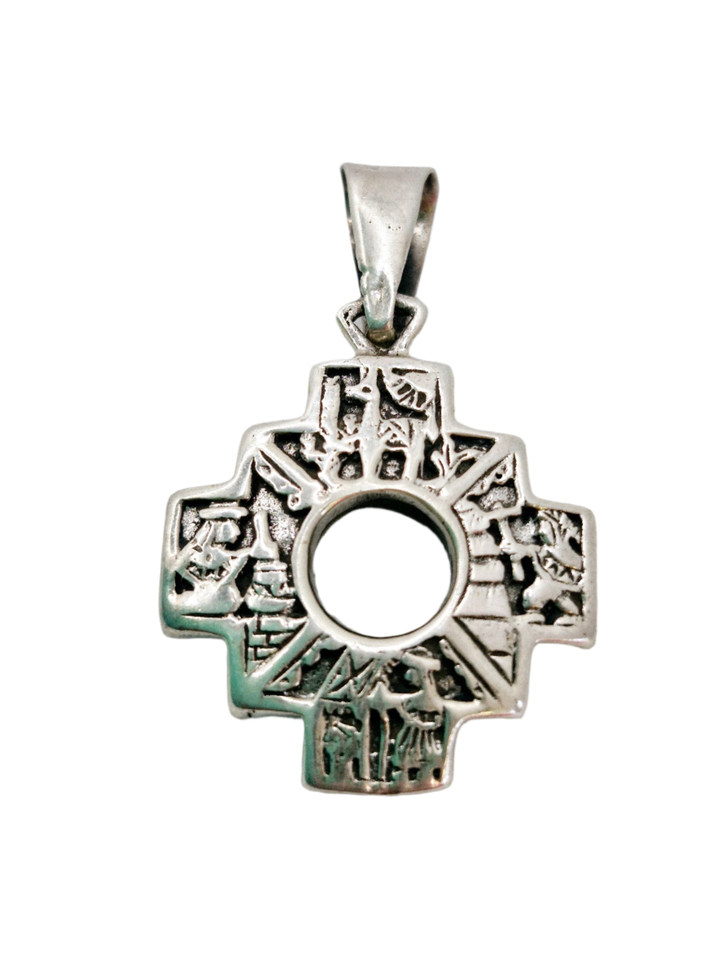 Chakana Inca Cross Pendant - Multicolour Natural Shell and Stone in 950 Silver 