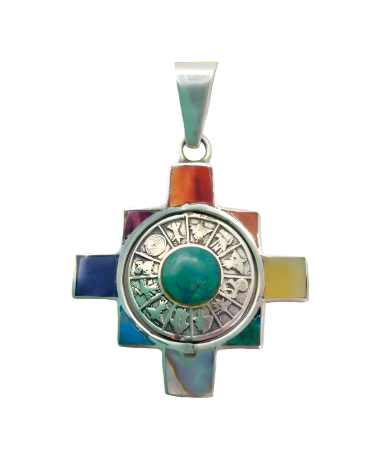  Calendar/Spiral Inca Chakana Cross Pendant - Multicolour Natural Shell and Stone in 950 Silver 