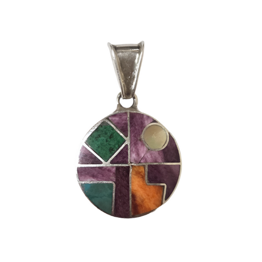 Round Purple Inca Symbol Pendant - Multicolour Stone and Shell in 950 Silver