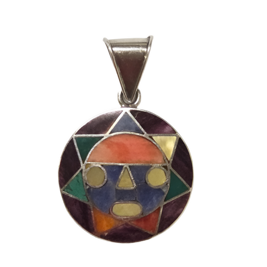 Round Sun Pendant - Multicolour Stone and Shell in 950 Silver