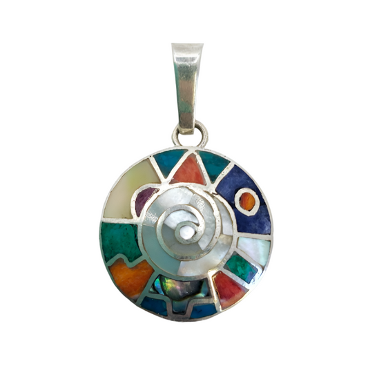 Spiral Inca Calendar Pendant - Multicolour Stone and Shell in 950 Silver