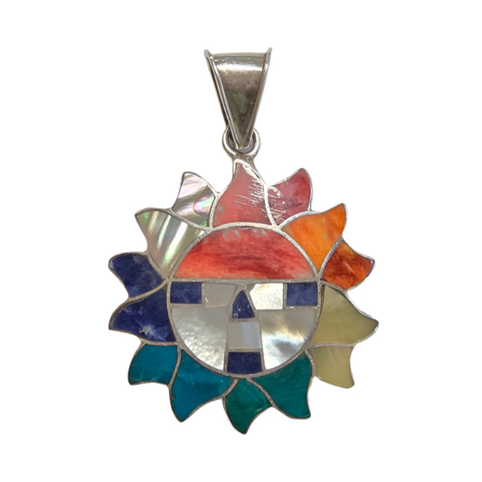 Sun Face Pendant - Multicolour Stone and Shell in 950 Silver