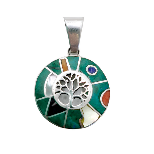 Tree of Life Inca Calendar Pendant - Green Multicolour Stone and Shell in 950 Silver
