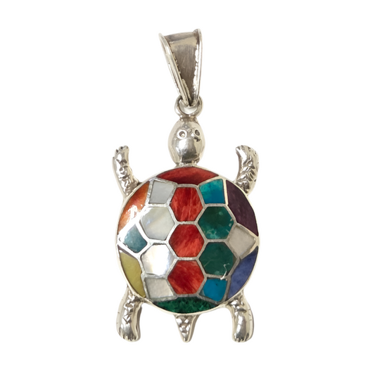 Turtle Pendant - Multicolour Stone and Shell in 950 Silver